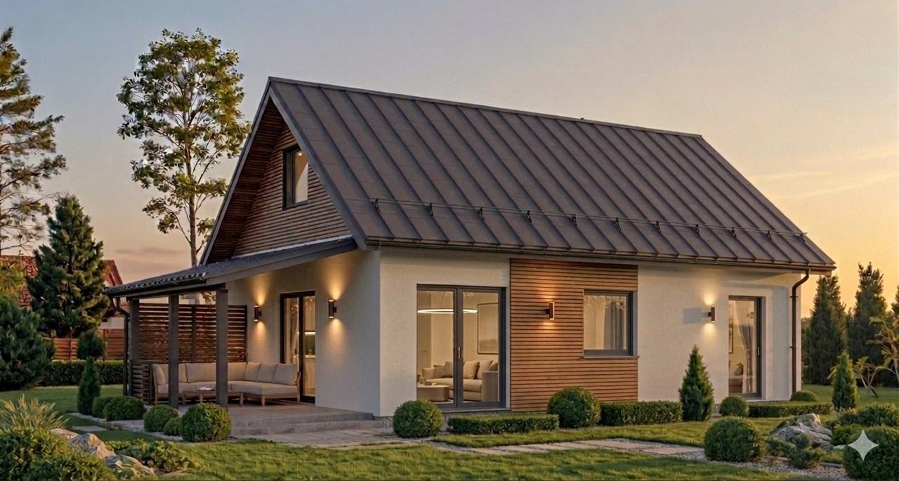 Dom szkieletowy World of Houses w technologii prefabrykowanej — parterowy dom z antracytowym dachem i drewnianymi akcentami elewacji